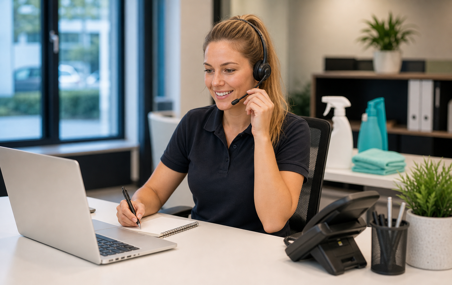 Klantenservice medewerker met headset helpt klanten van Glanzy