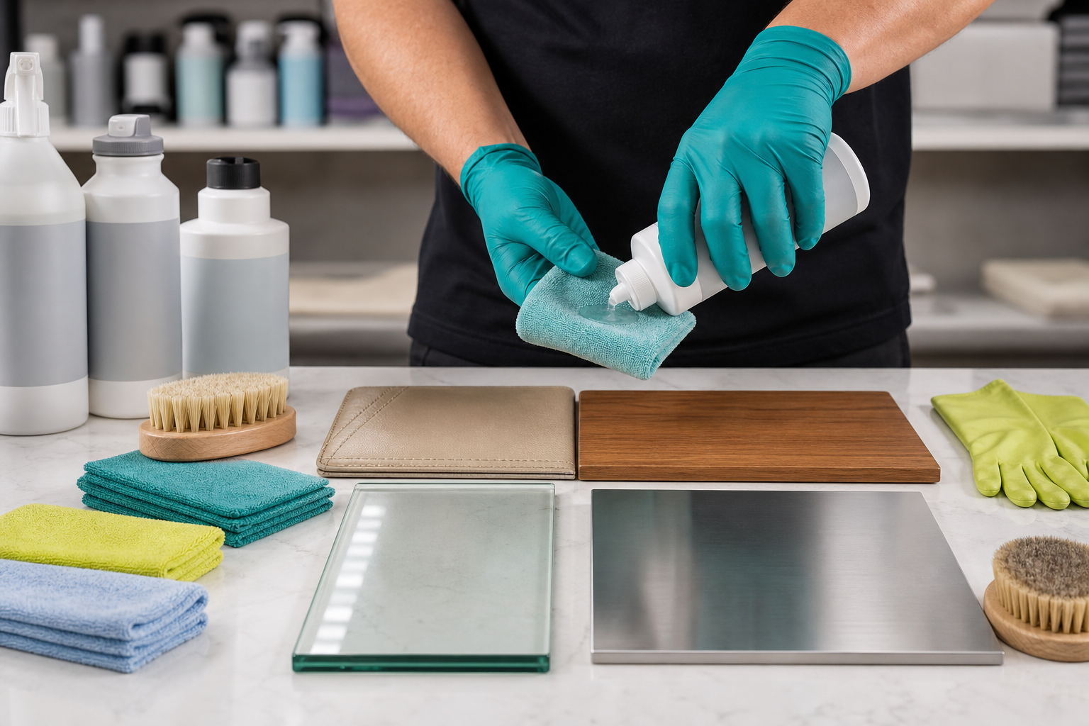 Training met schoonmaakmiddelen en materialen voor leer hout glas en RVS
